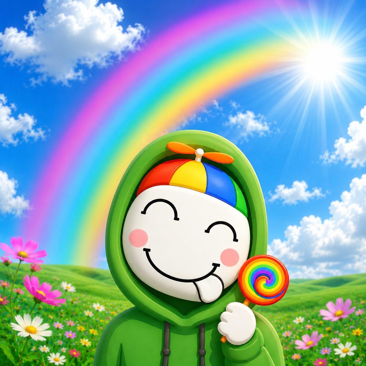 Silly Guy holding a rainbow lollipop