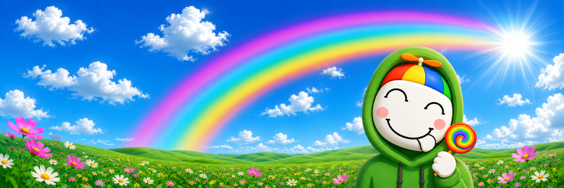 Silly Guy in a bright rainbow field